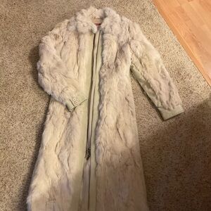 Full length beige and leather rabbit fur coat - M